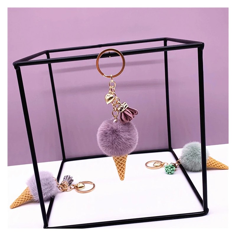 Metal keychain - with a fluffy ice cream pendant