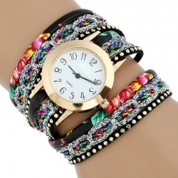 Multilayer floral bracelet - with a round quartz watch