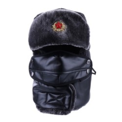 Warme leren wintermuts - met nek / gezichtsbedekking / oorkleppen - Russisch / Sovjet-badgeHoeden & Petten