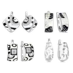 Trendy Original 925 Silver Earrings For Women Black White Enamel Pattern Classic Earrings Cubic Zirconia Elegant Female Jewelry