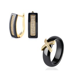 2020 Trend Black White Stainless Steel Jewelry Set Ceramic For Women AAA Bling Cubic Zircon Ring Earring Set Christmas Gift