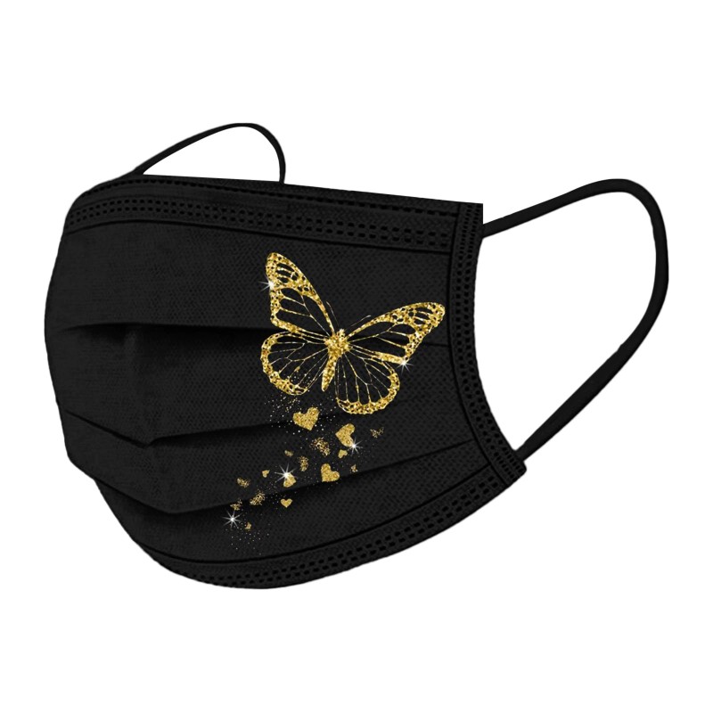 Masques de protection pour le visage / la bouche - jetables - 3 épaisseurs pour adultes - imprimé papillons / coeurs - 10 pièces