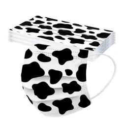 Masques de protection visage/bouche - jetables - 3 plis - vache à lait - imprimé taches blanches noires - 50 pièces