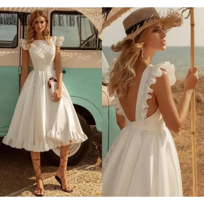 Satin white dress - knee length - sleeveless - open back - with rufflesDresses