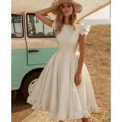 Satin white dress - knee length - sleeveless - open back - with rufflesDresses