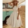 Satin white dress - knee length - sleeveless - open back - with rufflesDresses