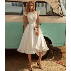 Satin white dress - knee length - sleeveless - open back - with rufflesDresses