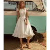 Satin white dress - knee length - sleeveless - open back - with rufflesDresses