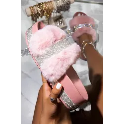 Luxe bontpantoffels - met strass - plateau op de sleehak - geprofileerde binnenzoolSchoenen