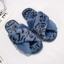 Zachte pluche pantoffels - gekruiste strepen - luipaardprintSchoenen