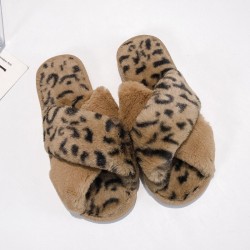 Zachte pluche pantoffels - gekruiste strepen - luipaardprintSchoenen