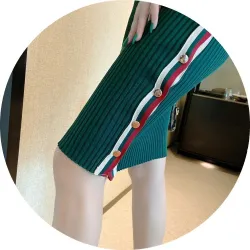 Striped pencil dress - strapless - with side slit / buttonsDresses