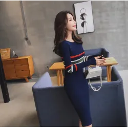 Elegant striped pencil dress - with long sleeveDresses