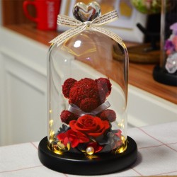 Rose éternelle stabilisée / nounours - sous cloche en verre coeur - avec LED - Saint Valentin / anniversaires / mariages