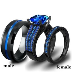 Bague luxueuse pour couple - avec zircon bleu - acier inoxydable
