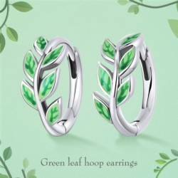 Boucles d'oreilles créoles avec feuilles vertes - Argent 925