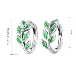 Boucles d'oreilles créoles avec feuilles vertes - Argent 925