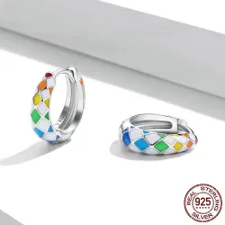 Regenboog kleurrijke geruite ronde oorbellen - 925 sterling zilverOorbellen