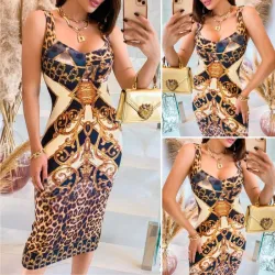 Robe midi sexy à la mode - sans manches - imprimé léopard jaune - slim