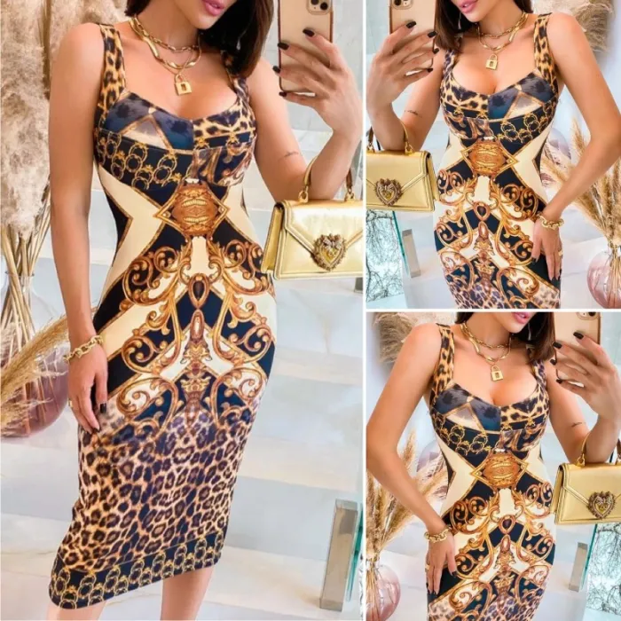 Sexy modieuze midi-jurk - mouwloos - gele luipaardprint - slimJurken