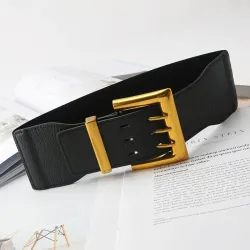 Retro elastic wide belt - leather - gold buckleBelts