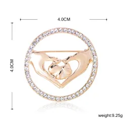 Broche ronde élégante - avec cristaux - mains jointes en forme de coeur