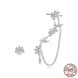 Oorbellen met bloemen - asymmetrisch - met ketting / kristallen - 925 sterling zilverOorbellen
