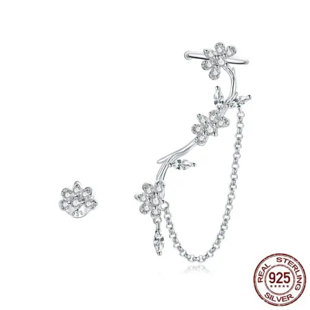 Oorbellen met bloemen - asymmetrisch - met ketting / kristallen - 925 sterling zilverOorbellen