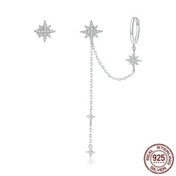 Elegante oorbellen met sterren - asymmetrisch - met ketting / kristallen - 925 sterling zilverOorbellen