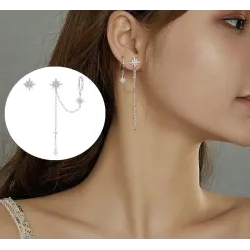 Elegante oorbellen met sterren - asymmetrisch - met ketting / kristallen - 925 sterling zilverOorbellen