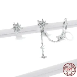 Elegante oorbellen met sterren - asymmetrisch - met ketting / kristallen - 925 sterling zilverOorbellen