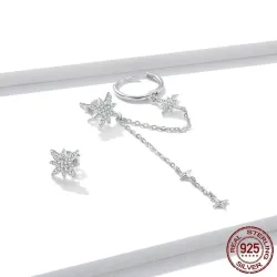 Elegante oorbellen met sterren - asymmetrisch - met ketting / kristallen - 925 sterling zilverOorbellen