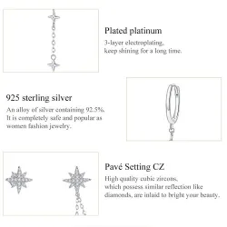 Elegante oorbellen met sterren - asymmetrisch - met ketting / kristallen - 925 sterling zilverOorbellen