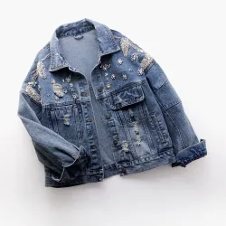 Veste en jean courte vintage - avec diamants / trous