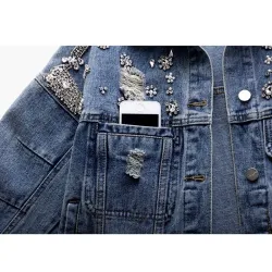 Veste en jean courte vintage - avec diamants / trous
