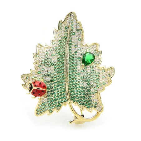 Broche luxueuse en cristal - scarabée rouge / feuille verte