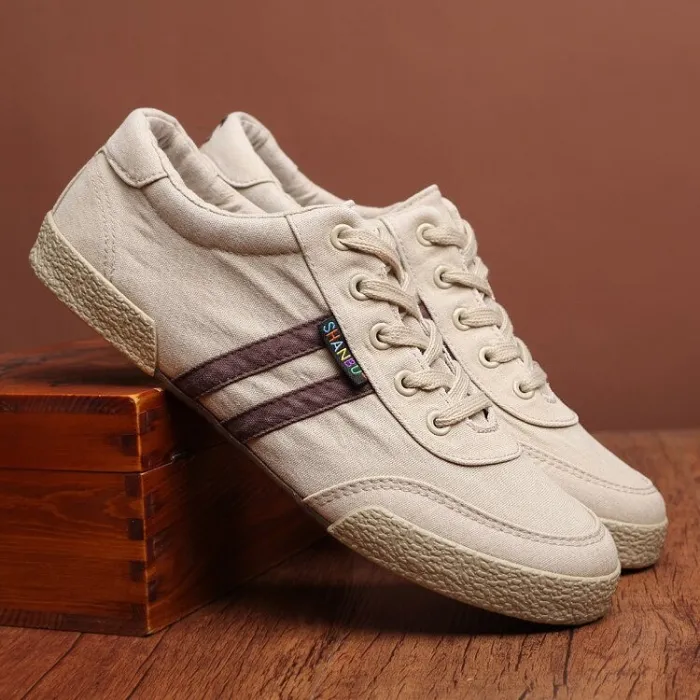 Klassieke herenschoenen - platte canvas sneakers - ronde neus - vetersSchoenen