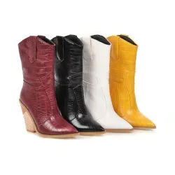 Bottes en cuir élégantes - longueur mi-mollet - talon compensé épais - style cowboy