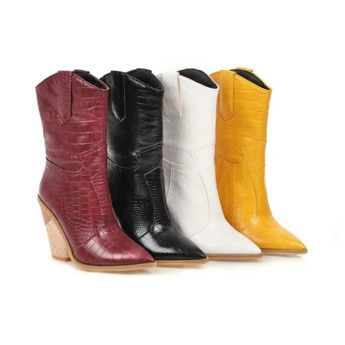 Stylish leather boots - half calf length - thick wedge heel - cowboy styleBoots