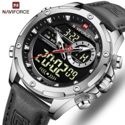 NAVIFORCE - sport - montre à quartz militaire - bracelet en cuir - écran LCD LED - étanche
