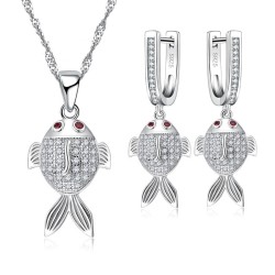 Ensemble de bijoux élégants - collier - boucles d'oreilles - poisson aux yeux rouges - argent sterling 925 - zircone cubique