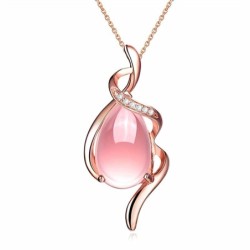 Collier élégant en or rose - pendentif en forme de goutte d'eau - opale rose - cristaux