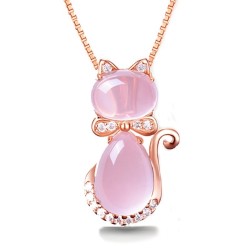 Collier élégant en or rose - pendentif en forme de chat - cristaux - opale rose