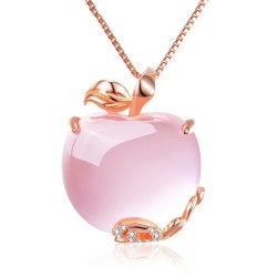 Collier élégant en or rose - pendentif en forme de pomme - cristaux - opale rose