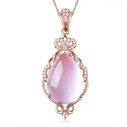 Elegante rosé gouden ketting - hanger in de vorm van een waterdruppel - kristallen - roze opaalHalskettingen