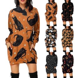 Mini jurk met capuchon - losse pullover - met zakken - Halloween print - pompoen - katten - spinnenwebJurken