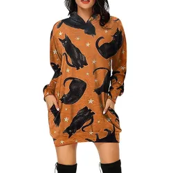 Mini robe à capuche - pull ample - avec poches - imprimé Halloween - citrouille - chats - toile d'araignée
