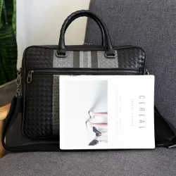 Sac à bandoulière élégant - porte-documents d'affaires - cuir véritable tressé - grande capacité