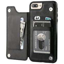 Porte-cartes rétro - étui pour téléphone - étui à rabat en cuir - mini portefeuille - pour iPhone - noir