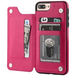 Retro kaarthouder - telefoonhoesje - leren flipcover - mini portemonnee - voor iPhone - magentaBescherming